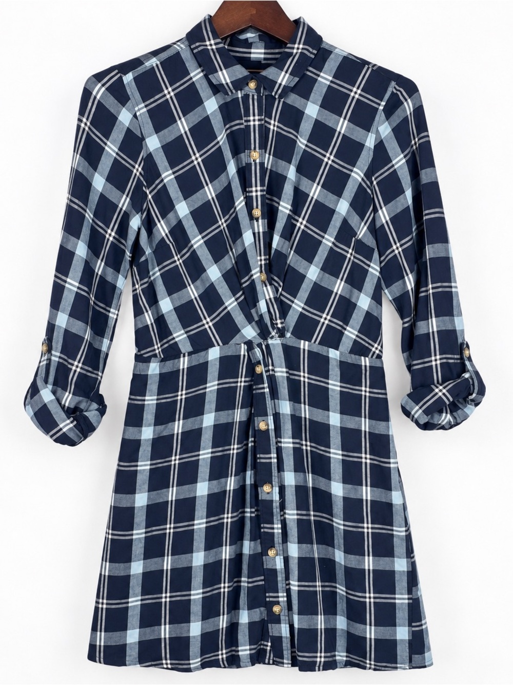 Abercrombie & Fitch Plaid Twist Front Shirt Dress Navy Blue S